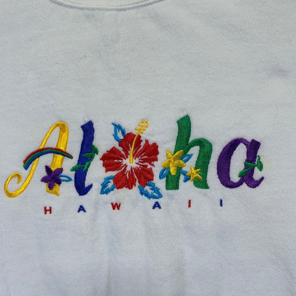 Vintage Aloha Hawaii Sweatshirt Sz Medium White Embroidered‎ Pullover Gildan 90s - Picture 5 of 14
